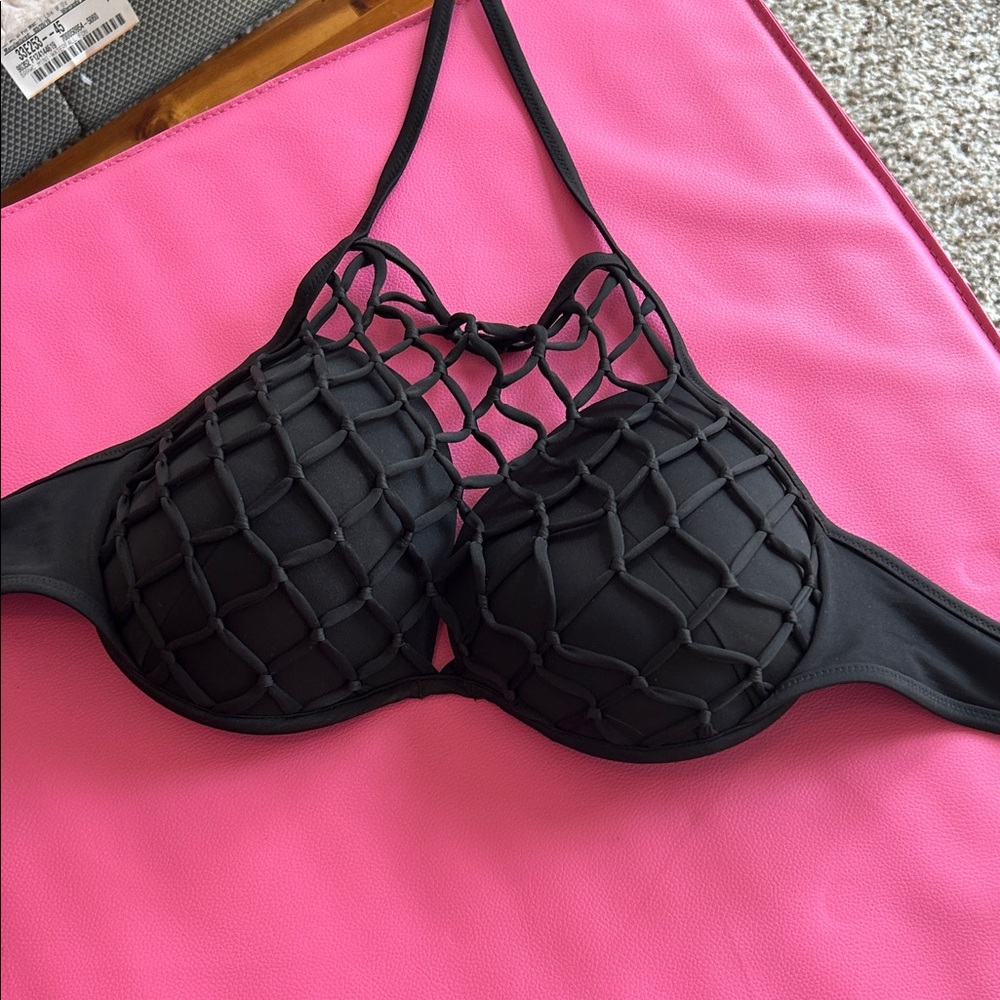 Black Lattice Halter Bikini Top - Women’s Swim